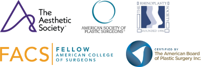 The Aesthetic Society logo, American Society of Plastic Surgeons logo, The Rhinoplasty Society logo, Fellow American College of Surgeons logo, and The American Board of Plastic Surgery Inc logo.