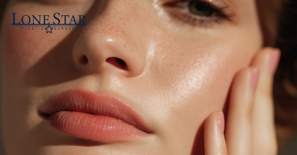 Woman showing off her dermal filler results (model)