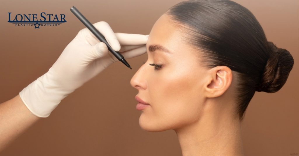 Side profile of smiling woman (model) Lone Star Plastic Surgery Logo
