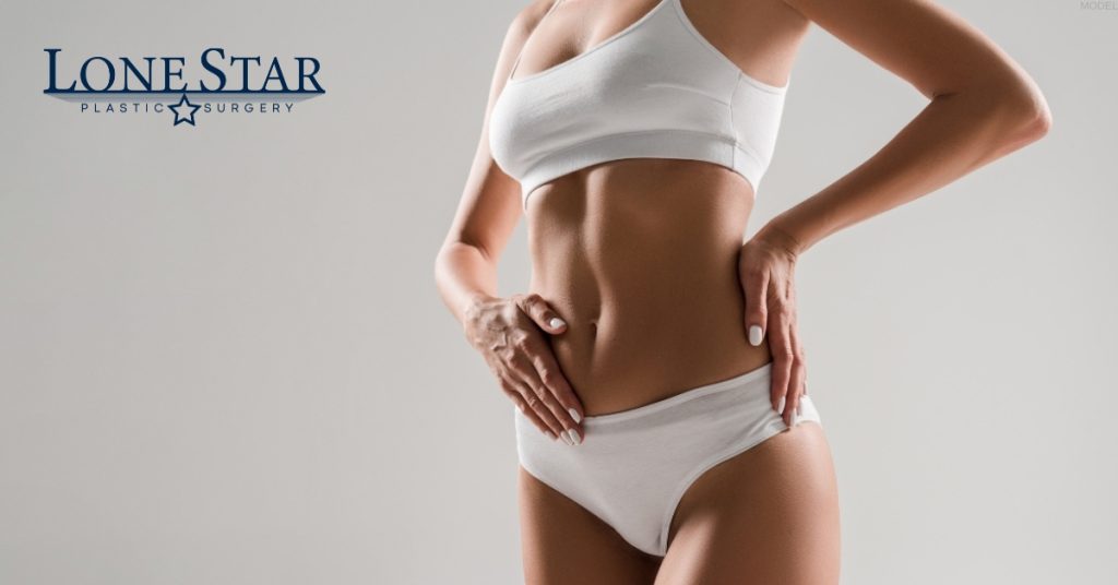 woman wearing a white bikini (model) Lone Star Plastic Surgery Logo