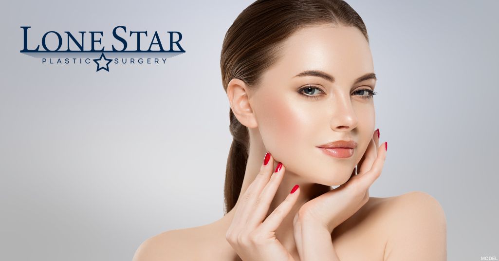 Woman showcasing rhinoplasty results (model). Lone Star Plastic Surgery logo.
