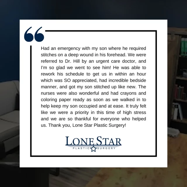 Sometimes the smallest patients leave the biggest impression 💙
We’re so thankful for this thoughtful review from a mom whose child needed a laceration repair.
Dr. Hill’s training and gentle approach help ensure every repair heals beautifully — and every parent feels supported.
#LoneStarPlasticSurgery #DrSeanHill #FriscoPlasticSurgeon #FriscoMoms #PediatricLacerationRepair #CompassionateCare #BoardCertified